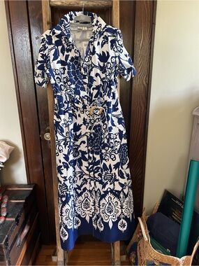 Joie NWT Navy/White Floral belted Maxi Shirt Dress, cuffed camper sleeves, Sz S